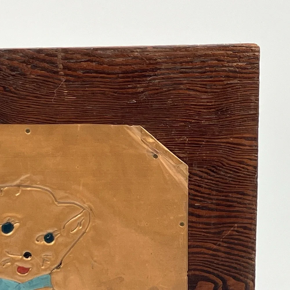 Vtg Hammered Copper Kitten Mounted on Wood Quirky Cottagecore Kitschy